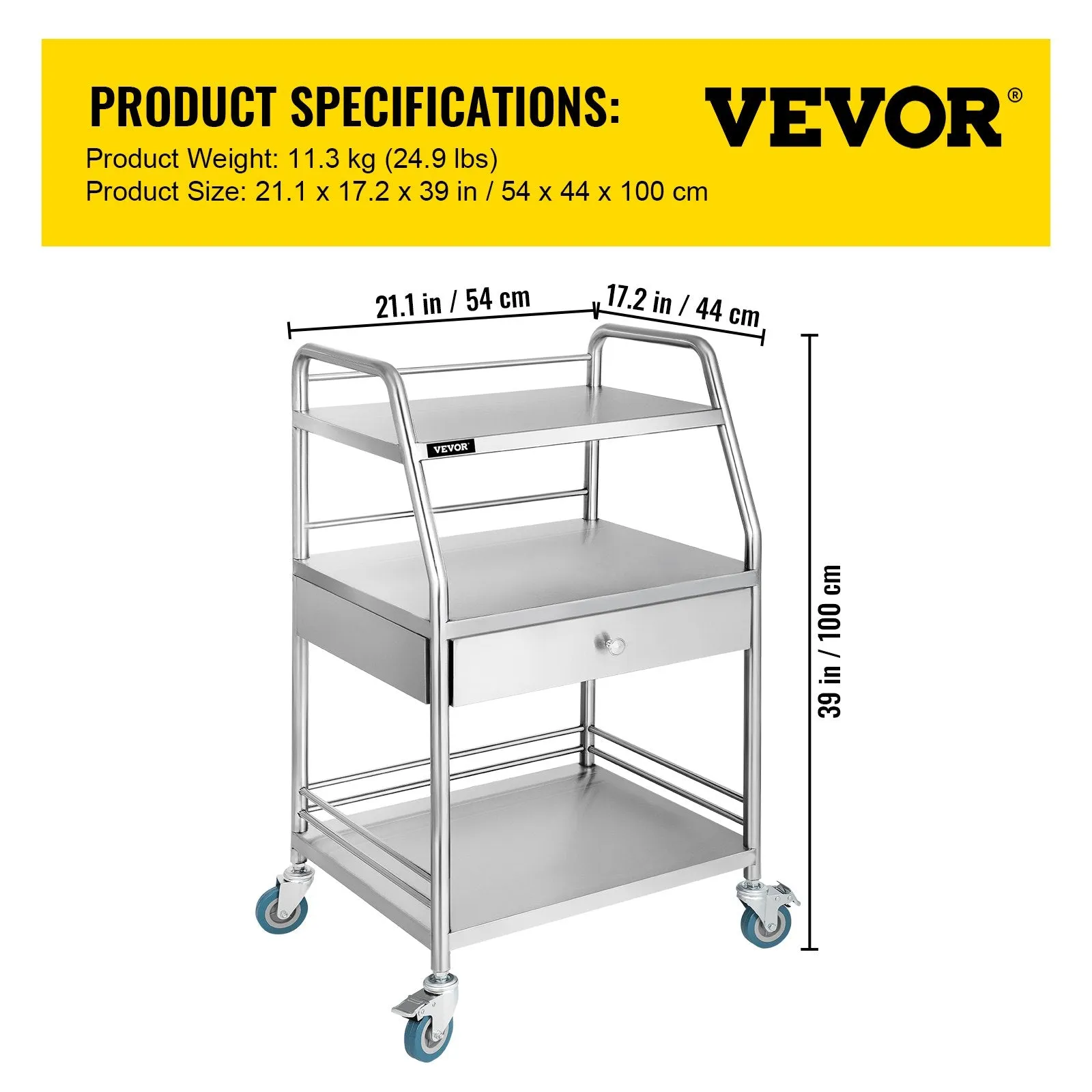 Vevor Lab Utility Cart with Wheels 3 Shelves 1 Drawer Stainless Steel New