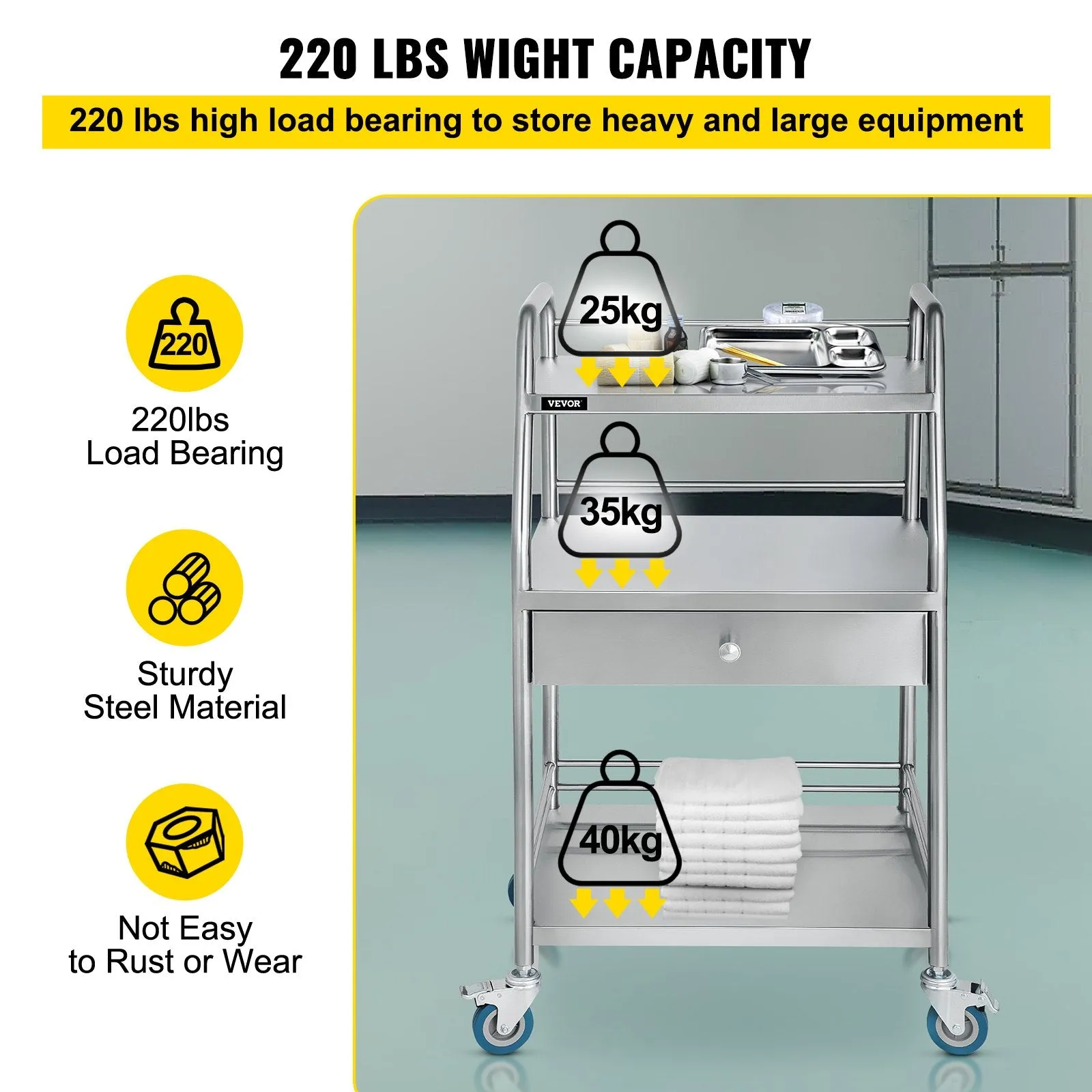 Vevor Lab Utility Cart with Wheels 3 Shelves 1 Drawer Stainless Steel New