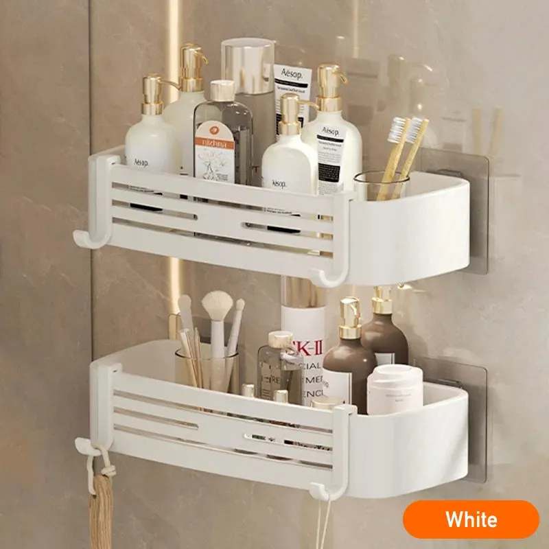 White Aluminum Bathroom Storage Shelves Rack Wall Mounted Without Drilling Kitchen Shower Shampoo Caddy Holder Organizer Shelf