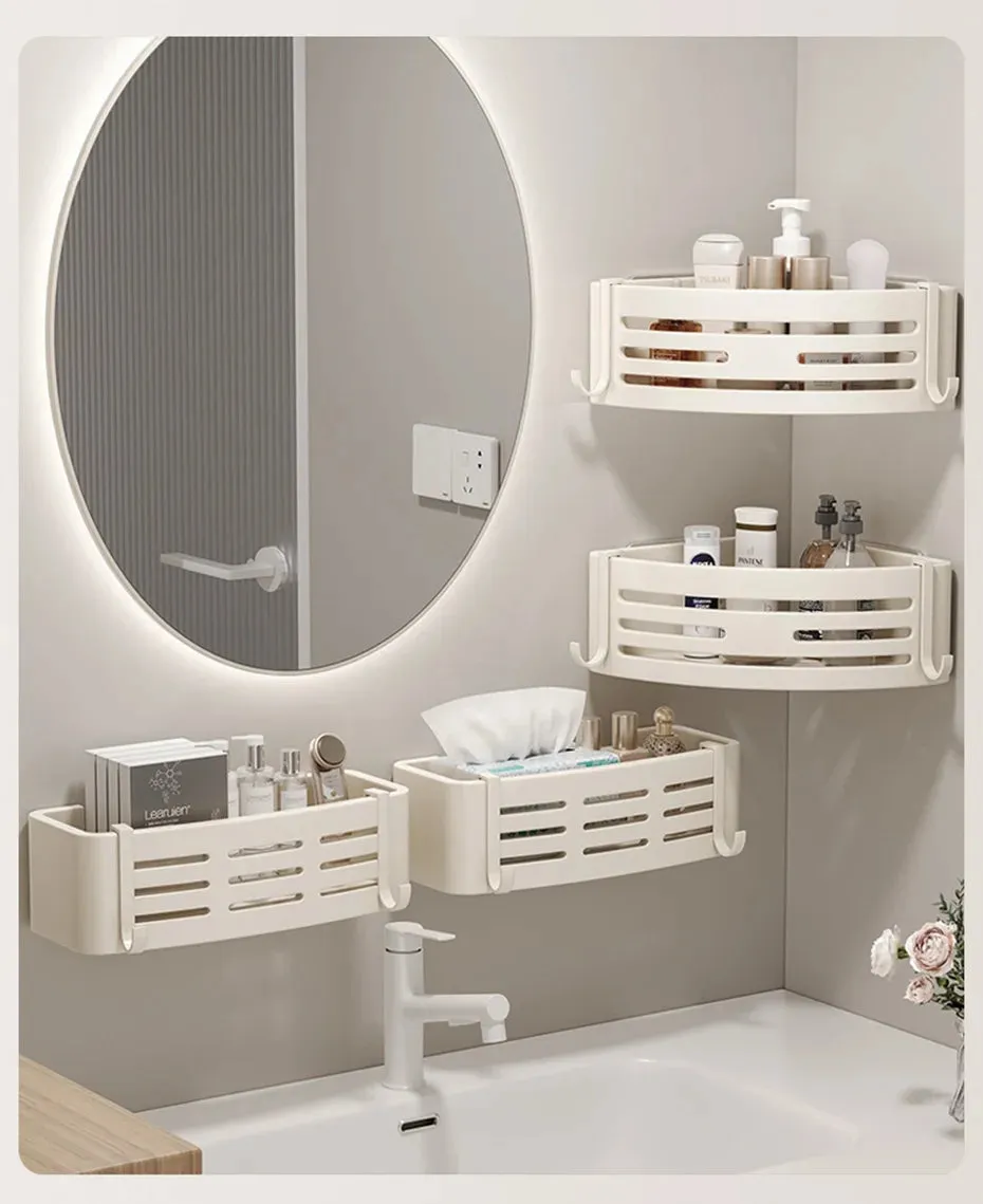 White Aluminum Bathroom Storage Shelves Rack Wall Mounted Without Drilling Kitchen Shower Shampoo Caddy Holder Organizer Shelf