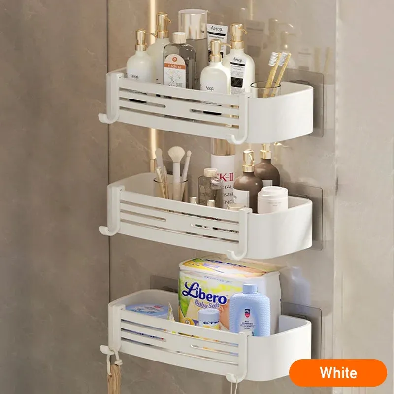 White Aluminum Bathroom Storage Shelves Rack Wall Mounted Without Drilling Kitchen Shower Shampoo Caddy Holder Organizer Shelf