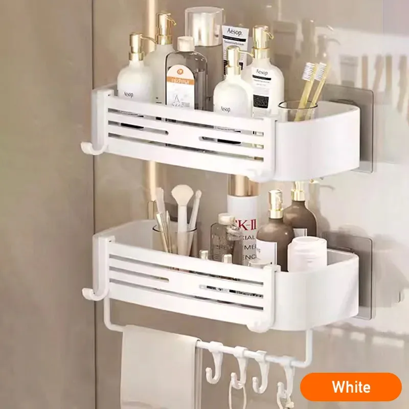 White Aluminum Bathroom Storage Shelves Rack Wall Mounted Without Drilling Kitchen Shower Shampoo Caddy Holder Organizer Shelf