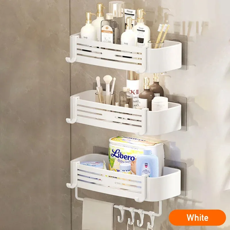 White Aluminum Bathroom Storage Shelves Rack Wall Mounted Without Drilling Kitchen Shower Shampoo Caddy Holder Organizer Shelf