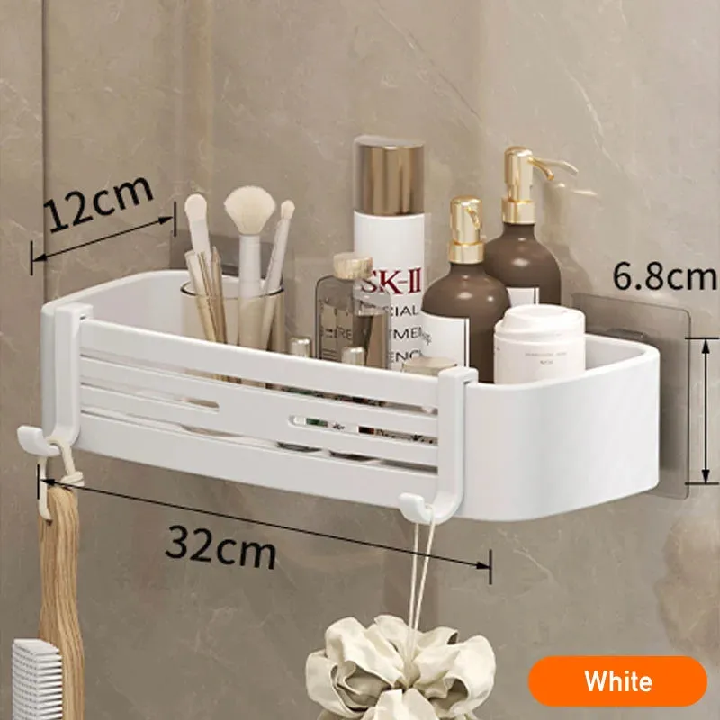 White Aluminum Bathroom Storage Shelves Rack Wall Mounted Without Drilling Kitchen Shower Shampoo Caddy Holder Organizer Shelf