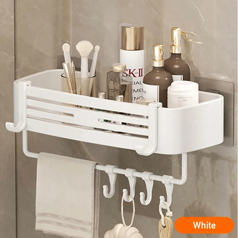 White Aluminum Bathroom Storage Shelves Rack Wall Mounted Without Drilling Kitchen Shower Shampoo Caddy Holder Organizer Shelf